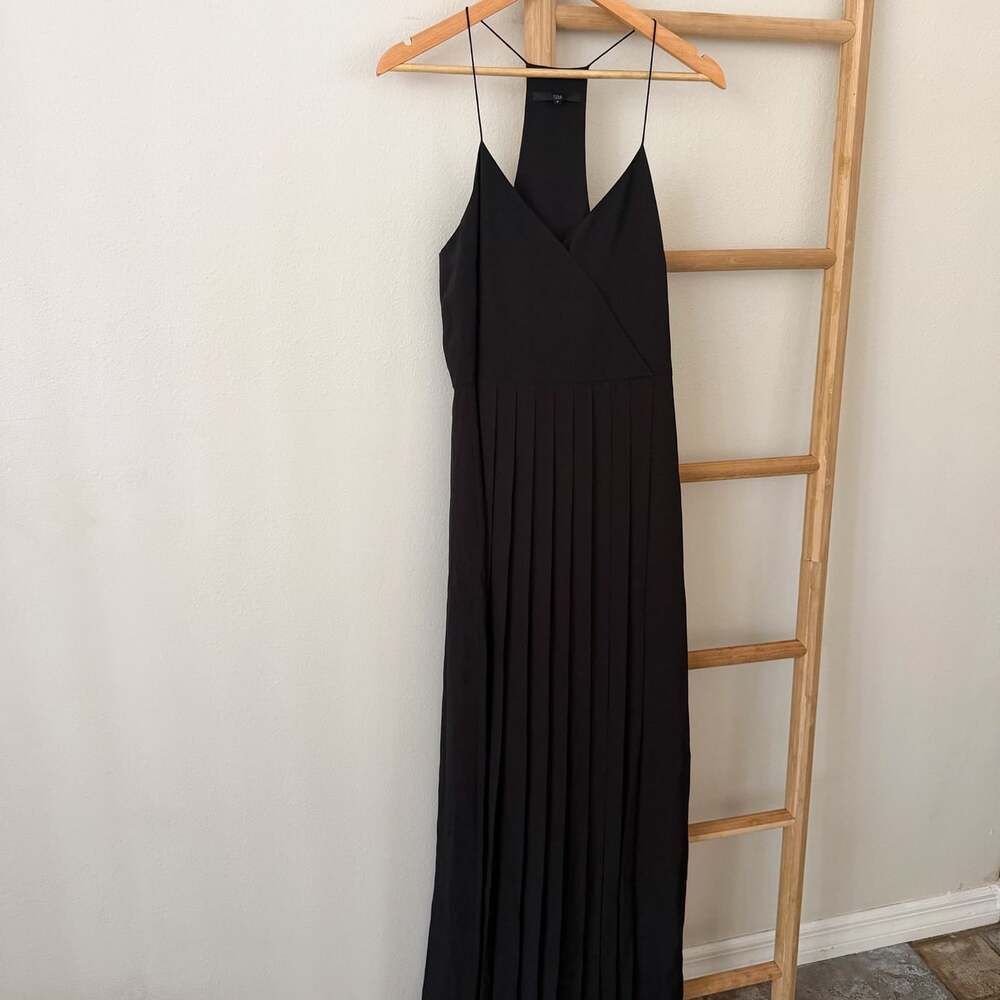 Tibi Pleated Maxi Dress Black Silk Spaghetti Strap Size 8 Evening Gown - Picture 2 of 12